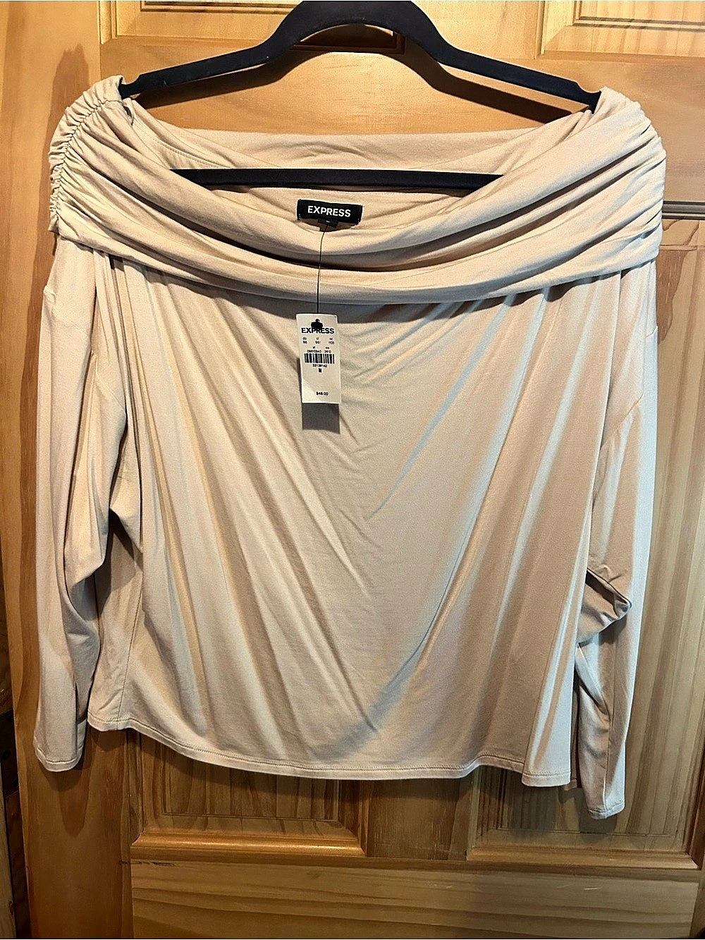 Express Ruched Neck Long Sleeve Top in Beige Size M NWT